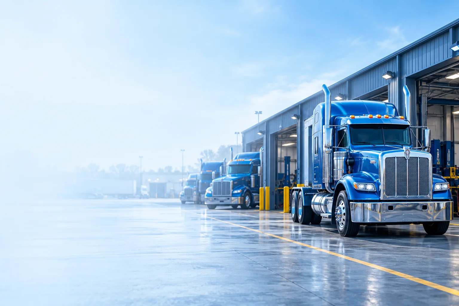 Blue trucks in an emissions service yard — adapted campaign artwork