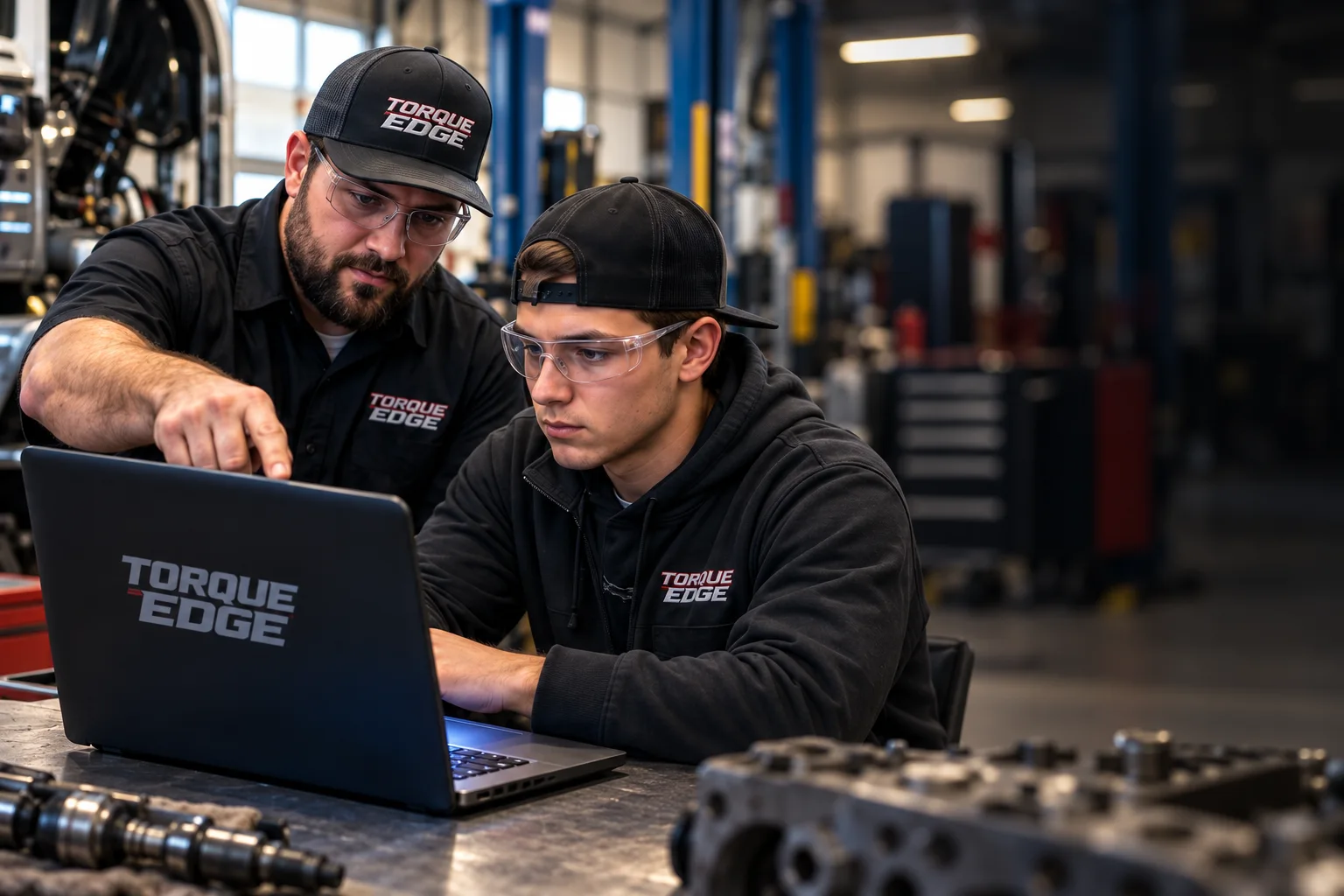 Instructor and student working at a laptop — adapted training campaign artwork