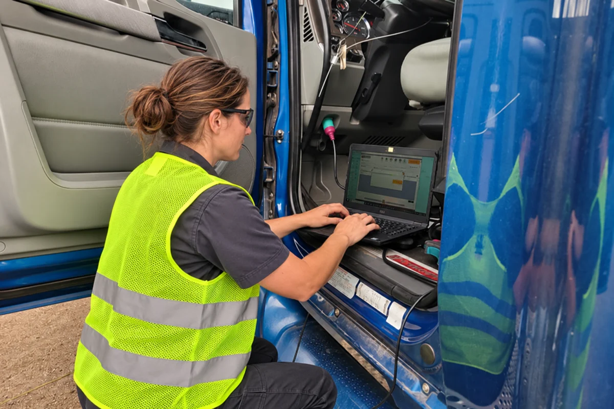 Illustration of a woman performing OBD diagnostics with a laptop connected to a heavy-duty truck