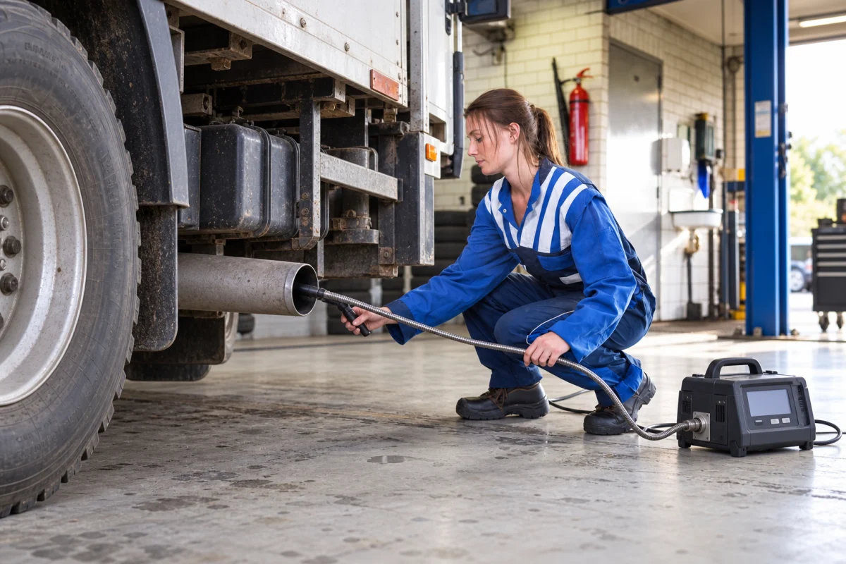 Illustration of a woman testing a heavy-duty truck exhaust with an opacity meter