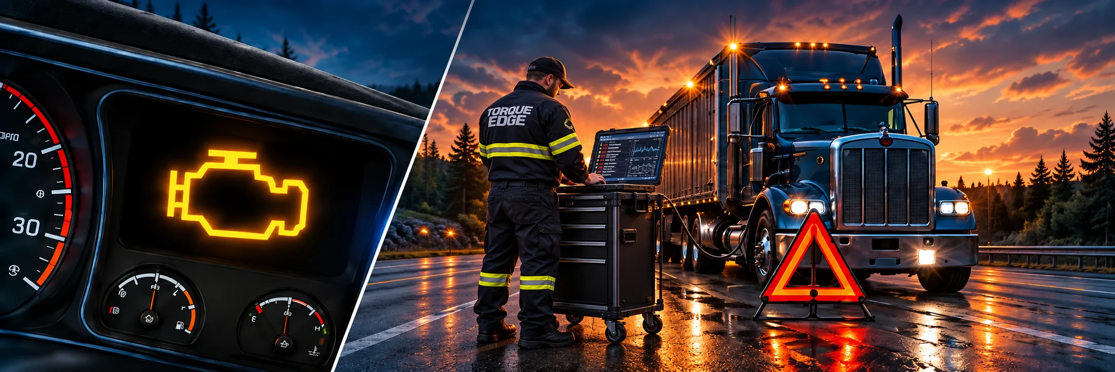 Dashboard warning light beside a technician using a diagnostic laptop on a truck — adapted campaign artwork