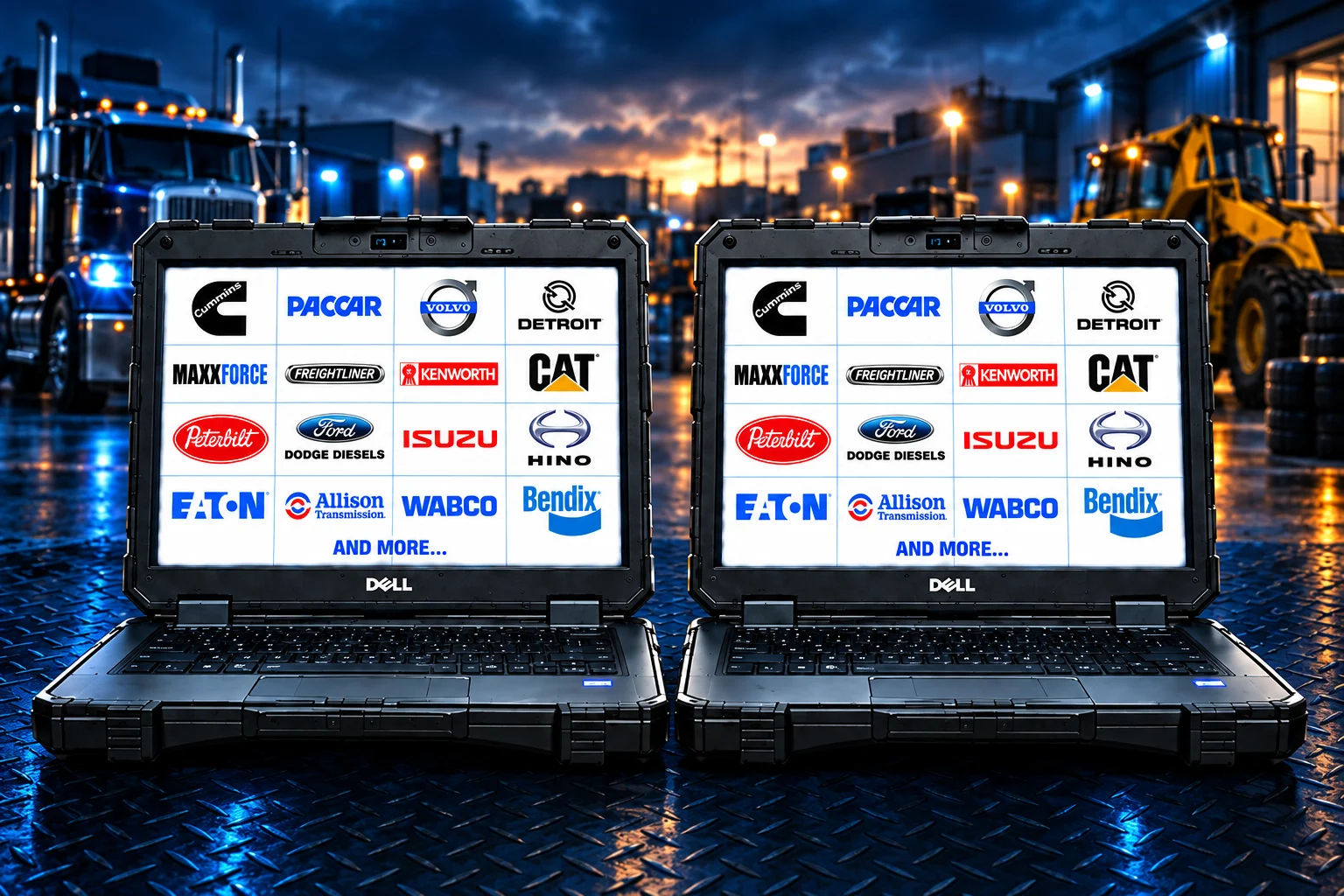 Campaign artwork: two rugged diagnostic laptops displaying supported manufacturer logos