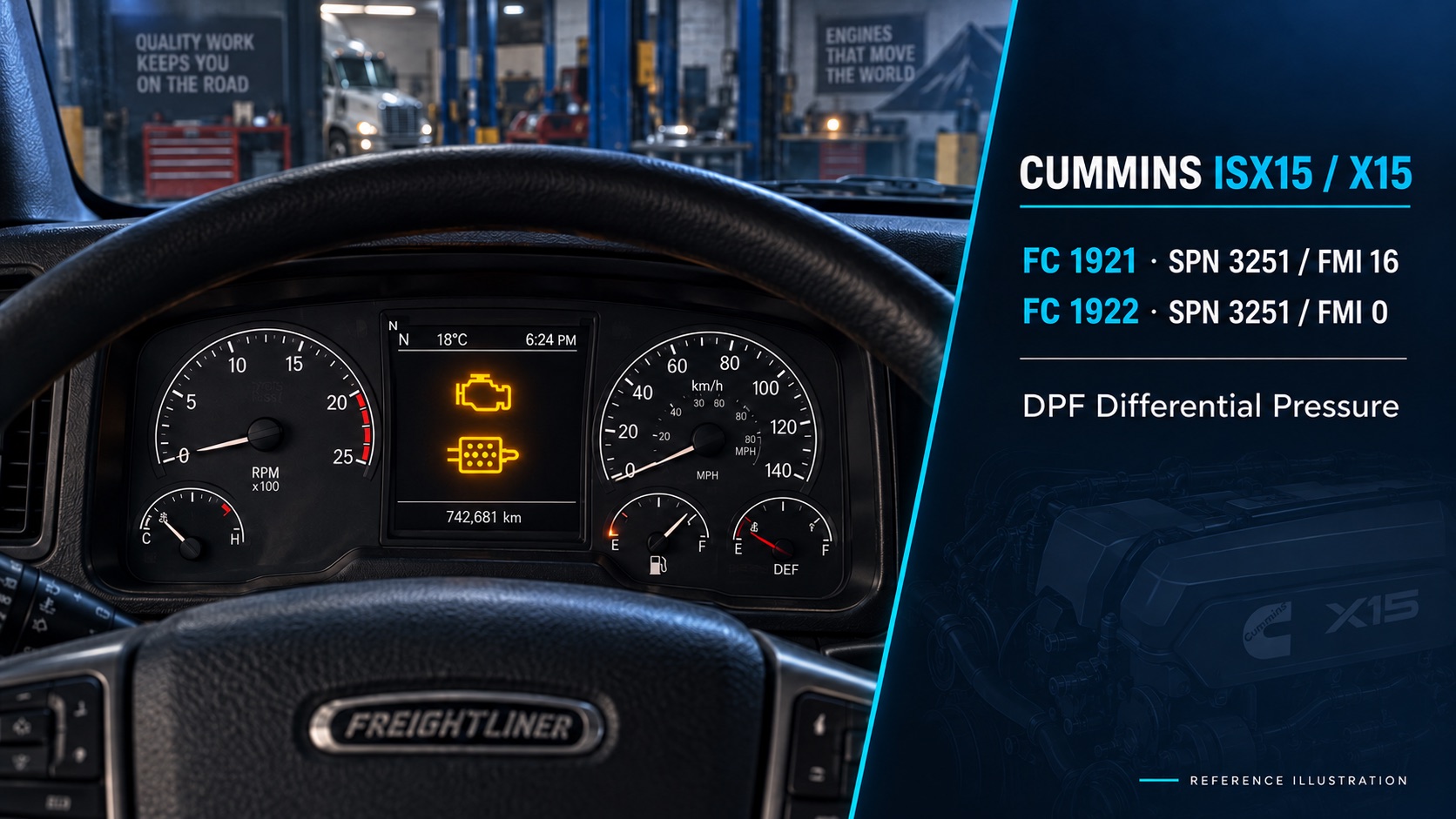 Ilustración de tablero Freightliner con alertas de motor y DPF; recuadro de referencia Cummins FC 1921 y FC 1922.