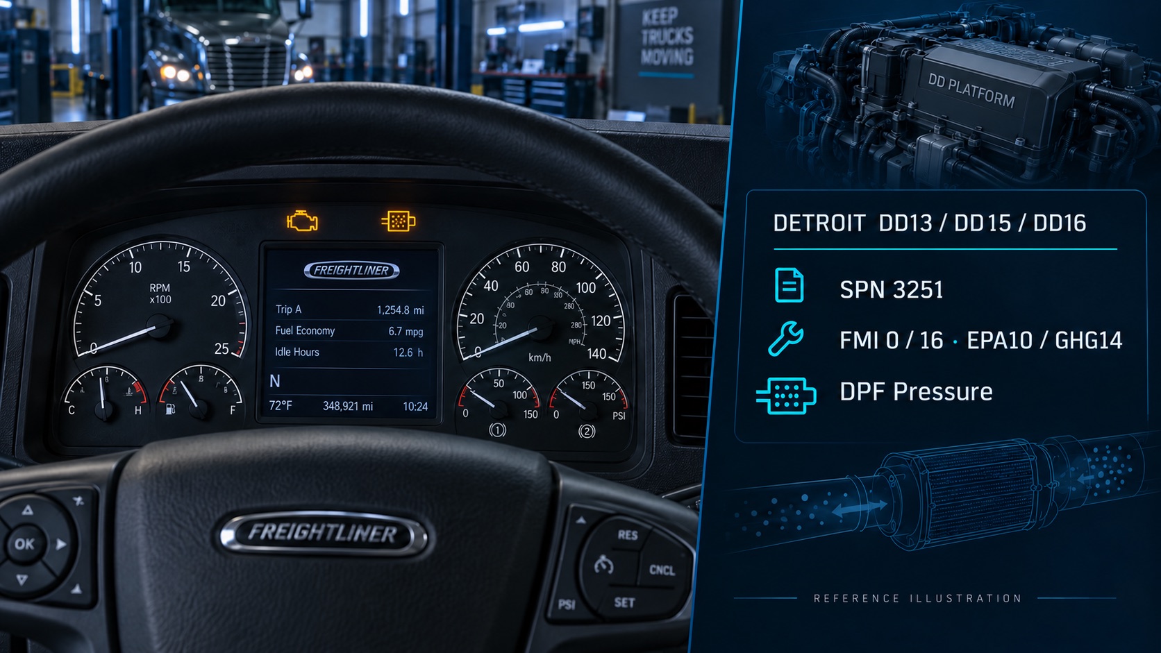 Ilustración de tablero Freightliner con motor Detroit, alertas de motor y DPF, y referencia SPN 3251 FMI 0/16 para EPA10/GHG14.