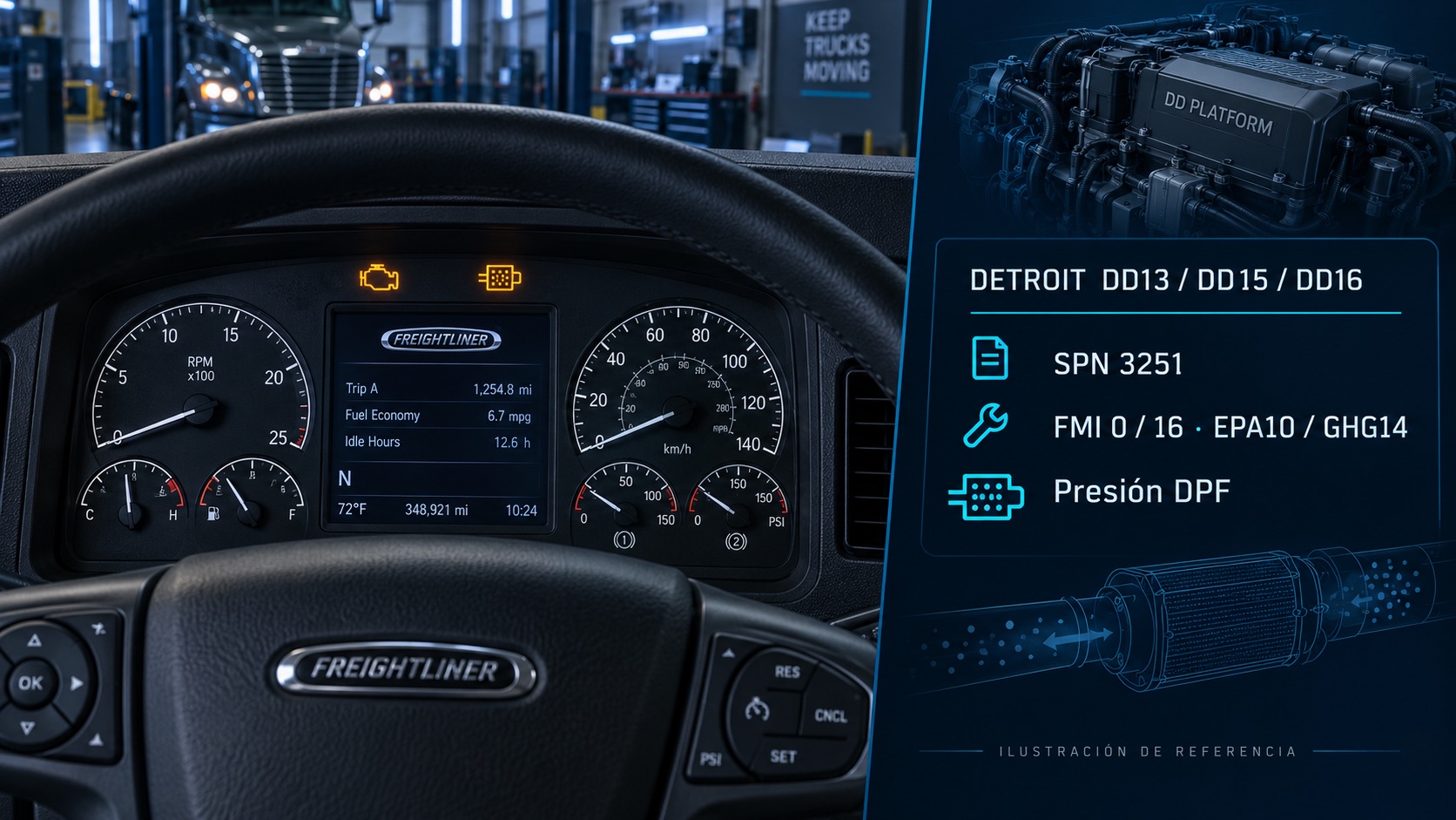 Ilustración de tablero Freightliner con motor Detroit, alertas de motor y DPF, y referencia SPN 3251 FMI 0/16 para EPA10/GHG14.