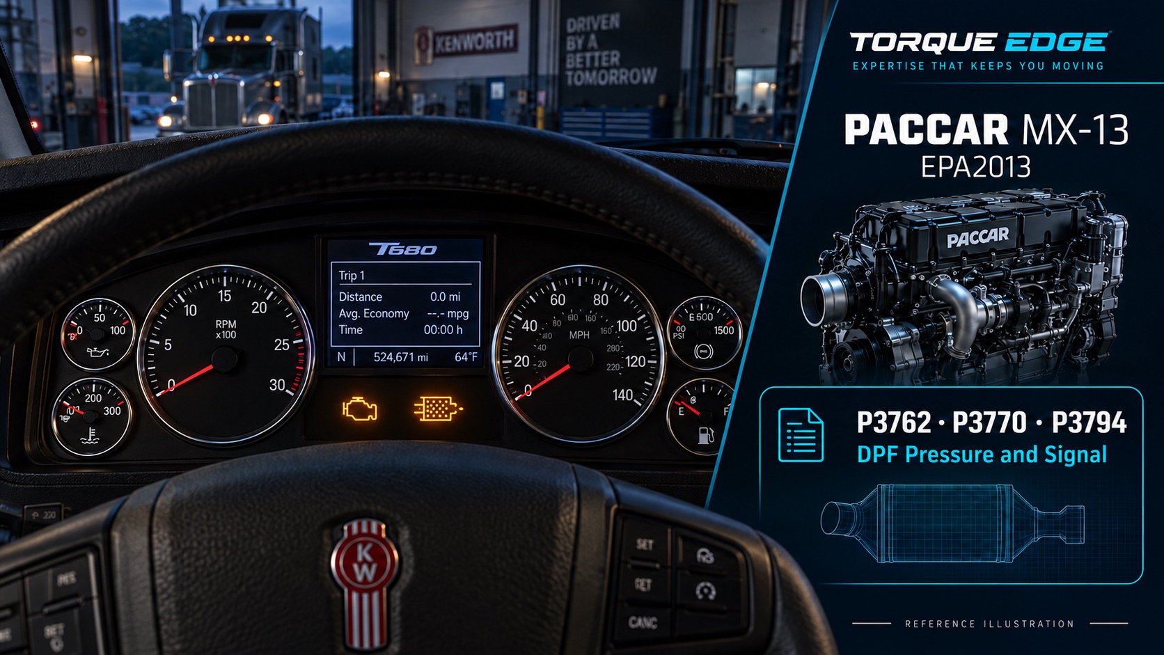 Ilustración de tablero Kenworth con motor PACCAR MX-13 EPA2013, alertas de motor y DPF, y referencias P3762, P3770 y P3794.