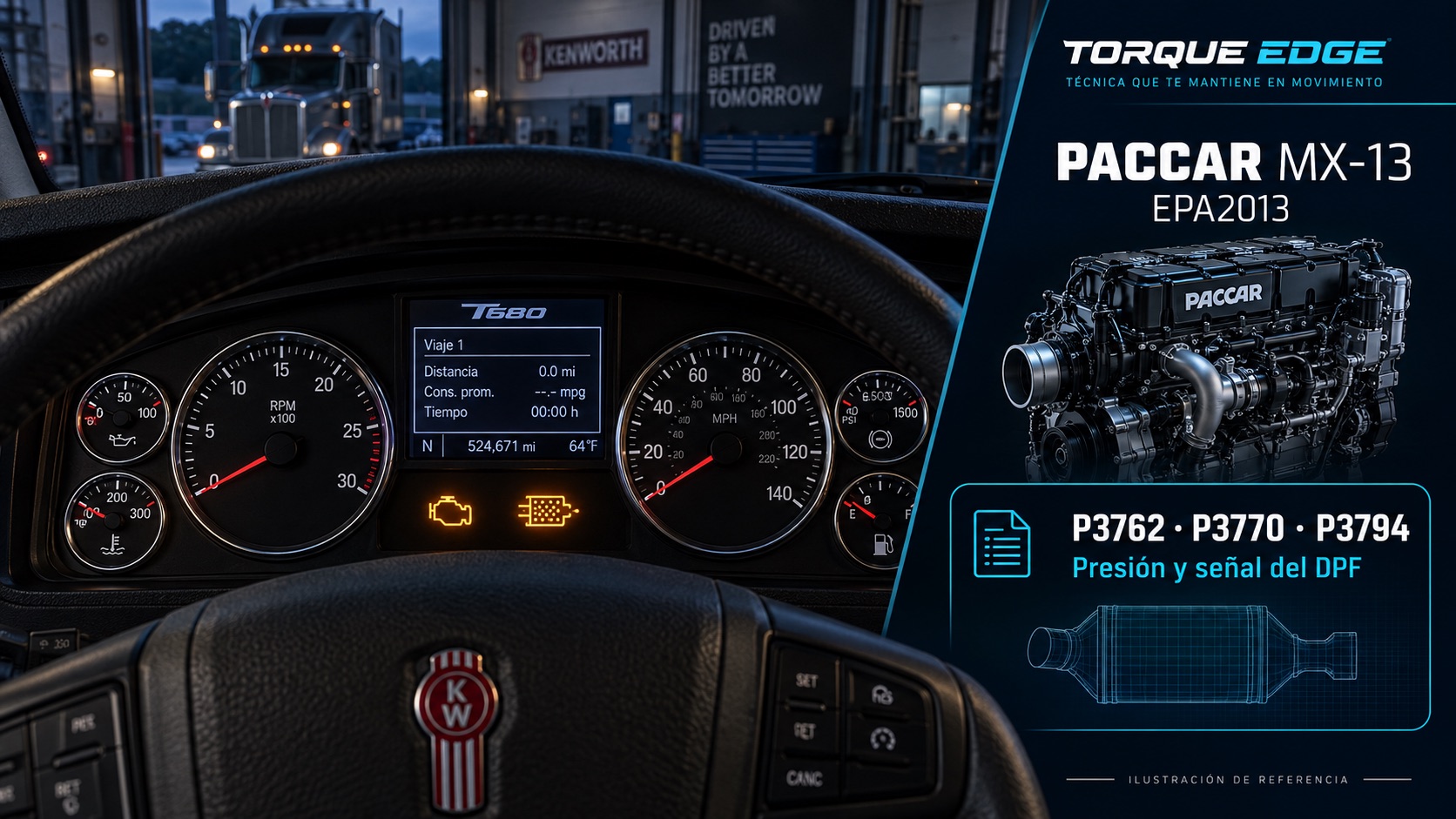 Ilustración de tablero Kenworth con motor PACCAR MX-13 EPA2013, alertas de motor y DPF, y referencias P3762, P3770 y P3794.